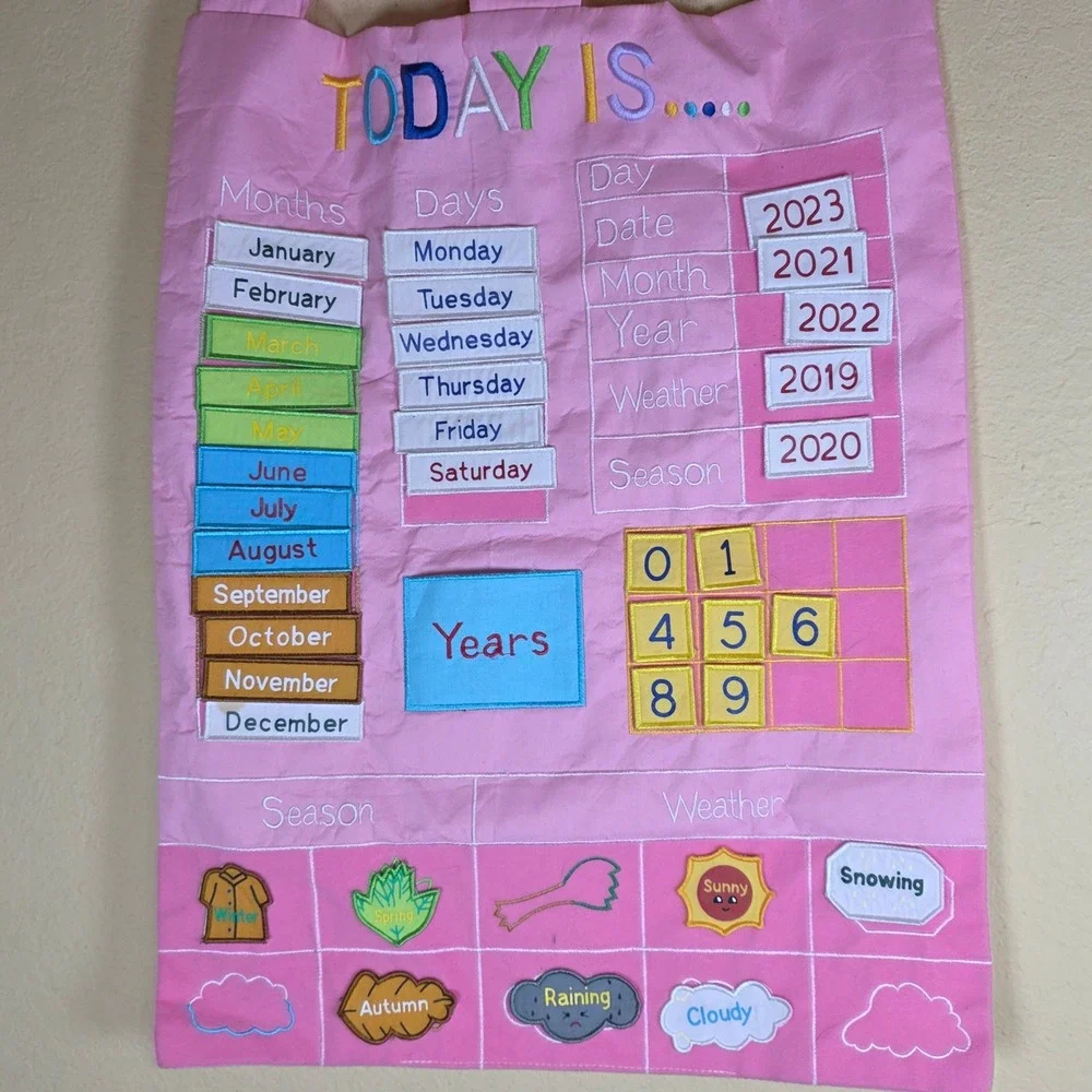 Kids Interactive Fabric Wall Calendar Pink Educational‎ Weather Season Chart